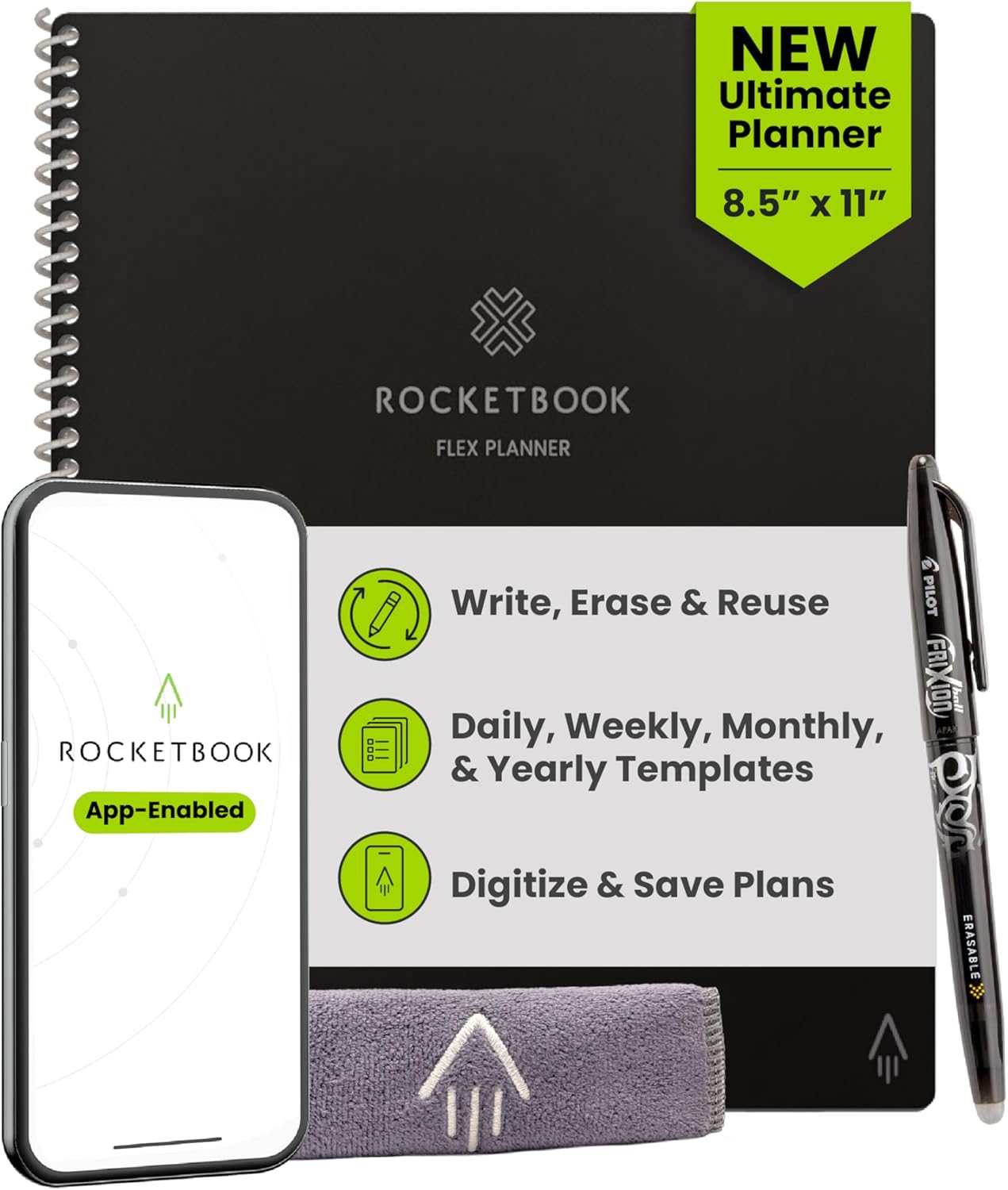 Rocketbook Flex Planner, Reusable Undated Smart, Letter Size 8.5x11 in Black – Daily, Weekly, Monthly, Annual Calendar, Tasks, Goals, Scheduling, Productivity, App Connected, Erasable, Durable Cover