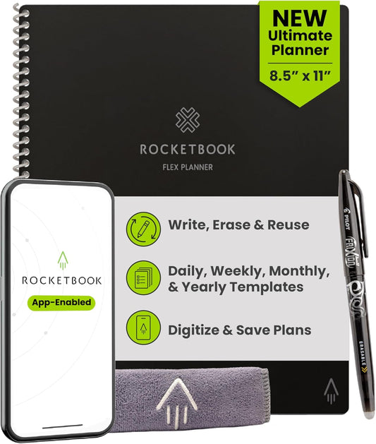Rocketbook Flex Planner, Reusable Undated Smart, Letter Size 8.5x11 in Black – Daily, Weekly, Monthly, Annual Calendar, Tasks, Goals, Scheduling, Productivity, App Connected, Erasable, Durable Cover