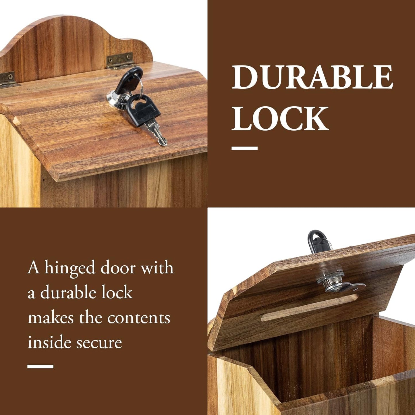 MyGift Premium Solid Acacia Wood Suggestion Box, Wall Mountable Feedback Collector with Black Cursive "Suggestions" Lettering, Comment Card Slot, Pen Holder, Top Lock and Keys