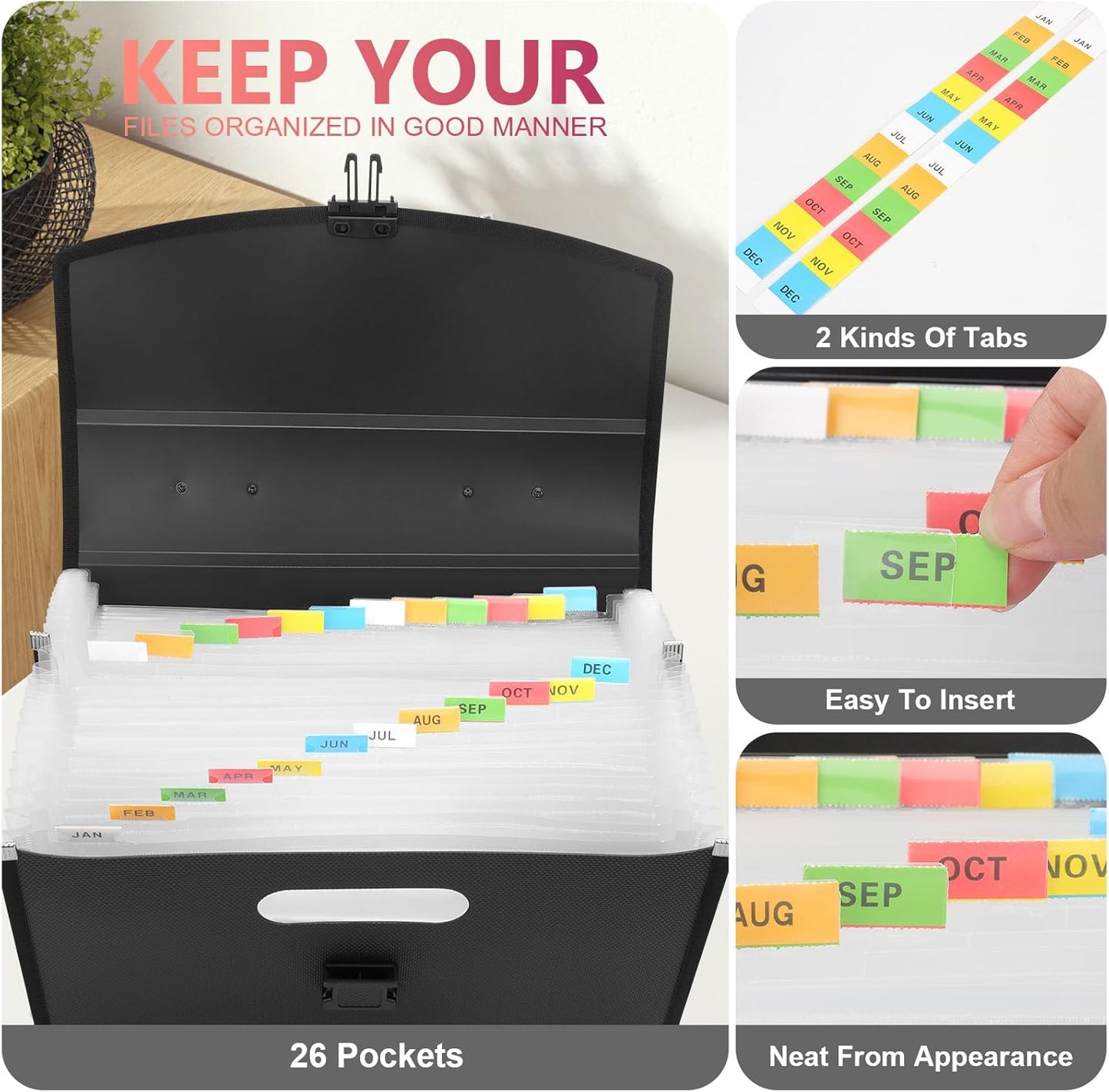 Uquelic 26 Pockets Expanding File Folder Organizer - Upgraded Durable Buckle, Accordion Folder Base with Ergonomic Portable Handle/Large A4 Letter Size Document Organizer, Folders with Pockets