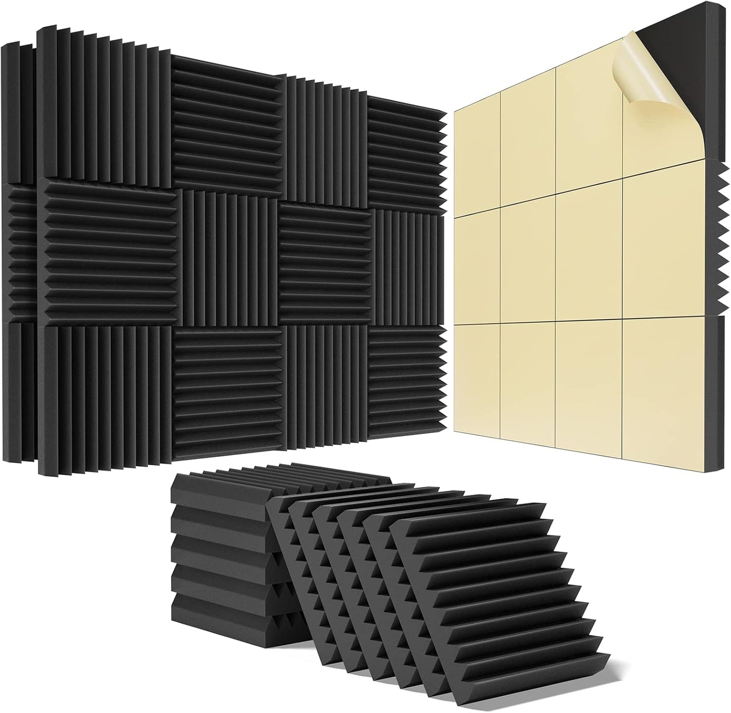 24 Pack Self-Adhesive Acoustic Panels - 2"X 12"X 12"Wall Panels - Quick-Recovery and High Density Sound Panels - Sound proof Acoustic Foam for Home Studio - Black