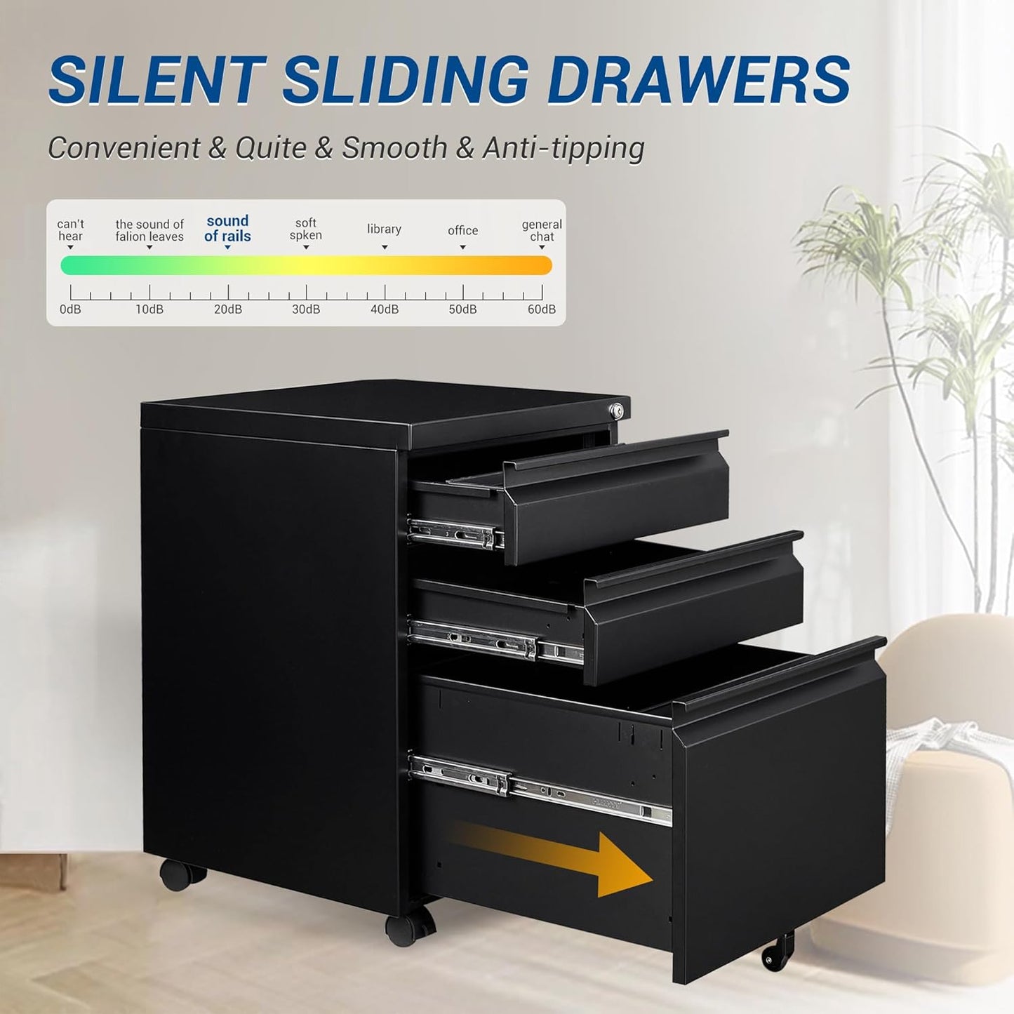 3 Drawer Mobile Metal File Cabinet, Black Filling Cabinets with Lock, Pre-Built Office Storage File Cabinet with Wheels Under Desk - Assembled Required