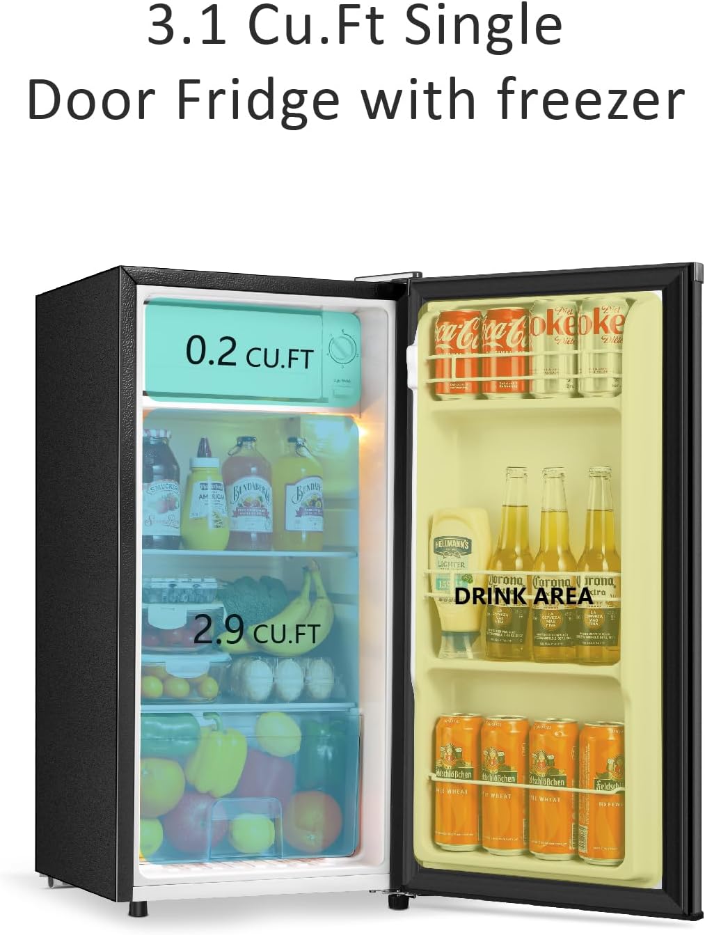 Seaoola Mini Fridge with Freezer, Single Door 3.1 Cu.Ft, Compact Mini Refrigerator, LED Light, Adjustable Thermostat, Removable Glass Shelves, Small Refrigerator for Dorm/Office/Bedroom(Black)