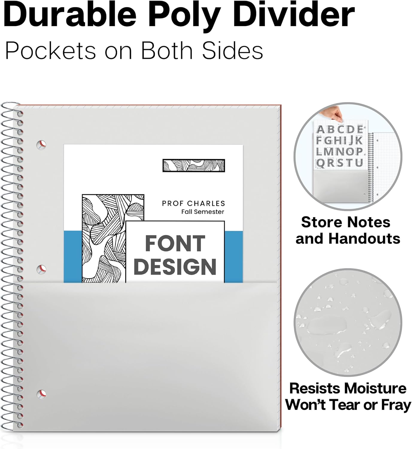 Dunwell Graph Paper Notebook 8.5 x 11 (Red) Plastic Cover, 100 Sheets (200 Pages), 4x4 Squares, 1 Subject Graph Paper Spiral Notebook, 1/4" Grid, Pocket Divider, Easy Tear-Off, 3-Hole Punched
