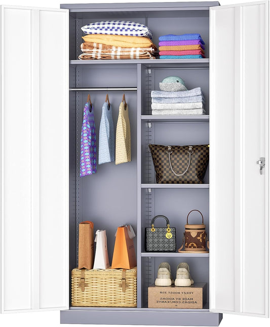INTERGREAT Metal Storage Cabinet,72 Tall Armoire Wardrobe Closet with Doors,Grey White Storage Locker Cabinets with Adjustable Shelves and Removable Hanging Rods
