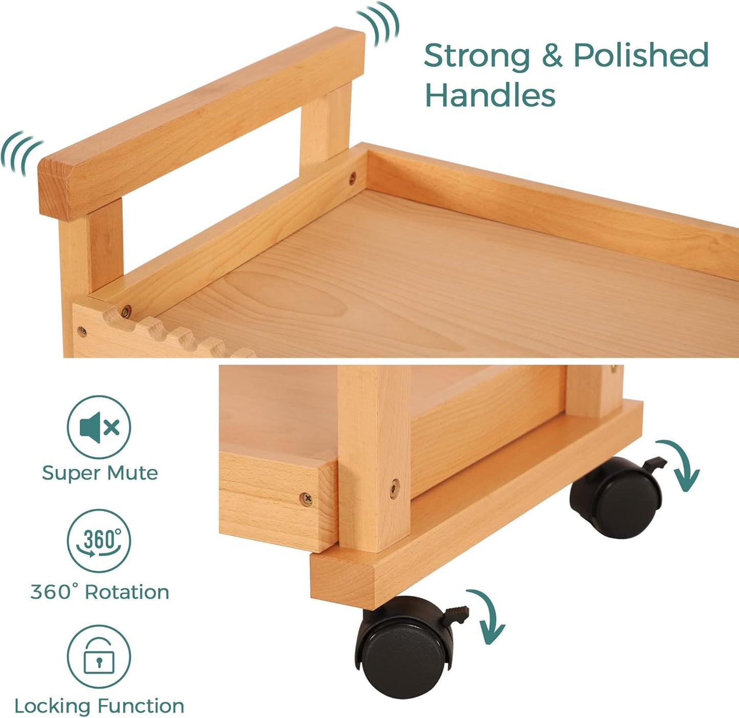 VISWIN Art Cart Organizer, Solid Beechwood Art Supply Storage Organizer with Caster Wheels, 3-Tier Multifunctional Rolling Utility Storage Cart for Studio, Classroom, Artists - Natural