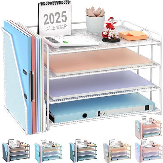gianotter 4-Tier Paper Organizer With Magazine Holder, Desk Organizers and Accessories, White Desk Accessories, File Organizer for Office Supplies Storag(White)
