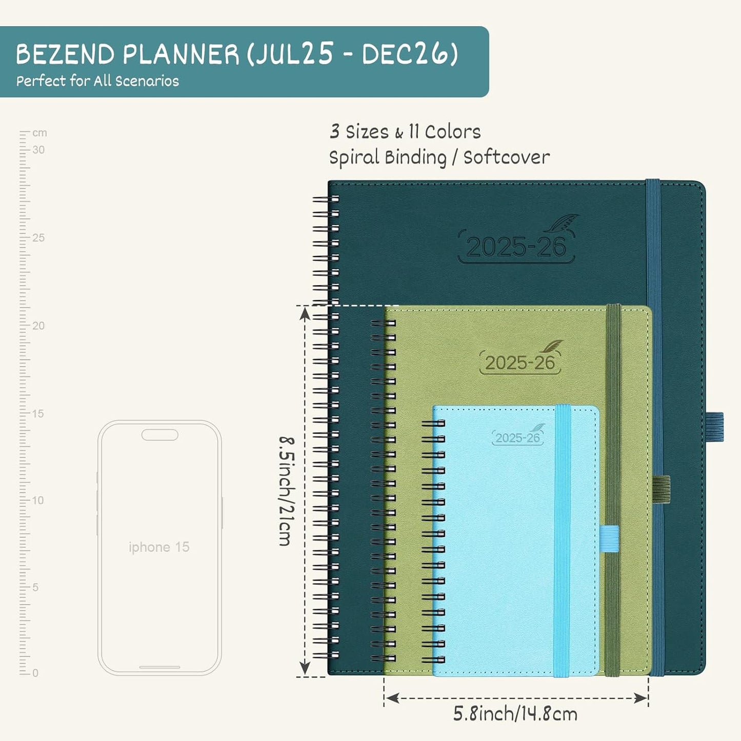 BEZEND Planner 2025-2026 Weekly and Monthly, 5.8" x 8.5" Academic Calendar (Jul 25-Dec 26) Vertical Daily Appointment with Hourly Timeslot & Monthly Tab, Spiral, PU Leather Softcover - Blueberry