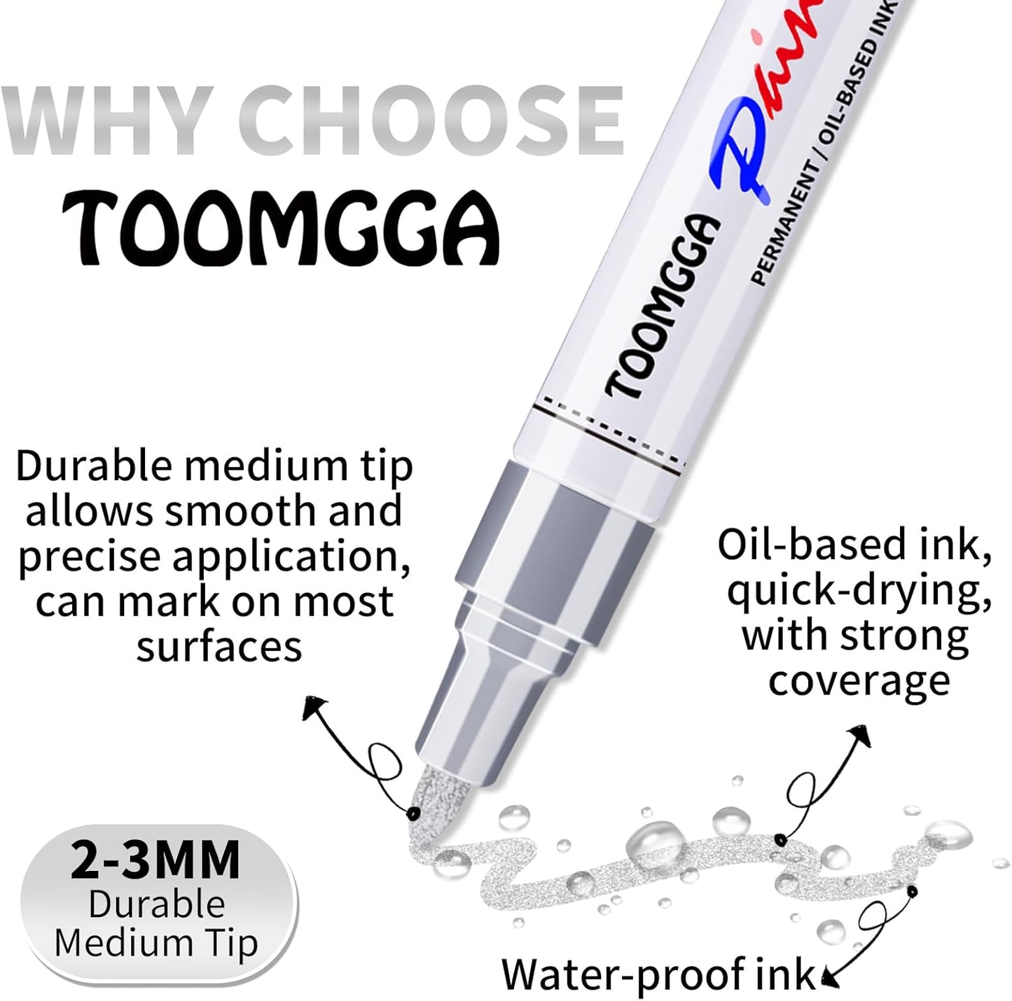 Silver Paint Pens Paint Markers - 8 Pack Permanent Markers Oil Based for Metal Wood, Pens for Metal, Car Tyre,Wood, Plastic, Rock Painting, Glass, Craft Supplies,Waterproof