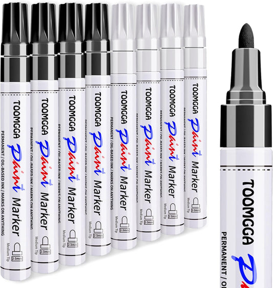 White and Black Permanent Markers Paint Pens - 8 Pack Oil Based Paint Markers, Medium Tip, Quick Drying Pens for Wood, Metal, Rock Painting, Mugs, Canvas, Clothes, Plastic Marking