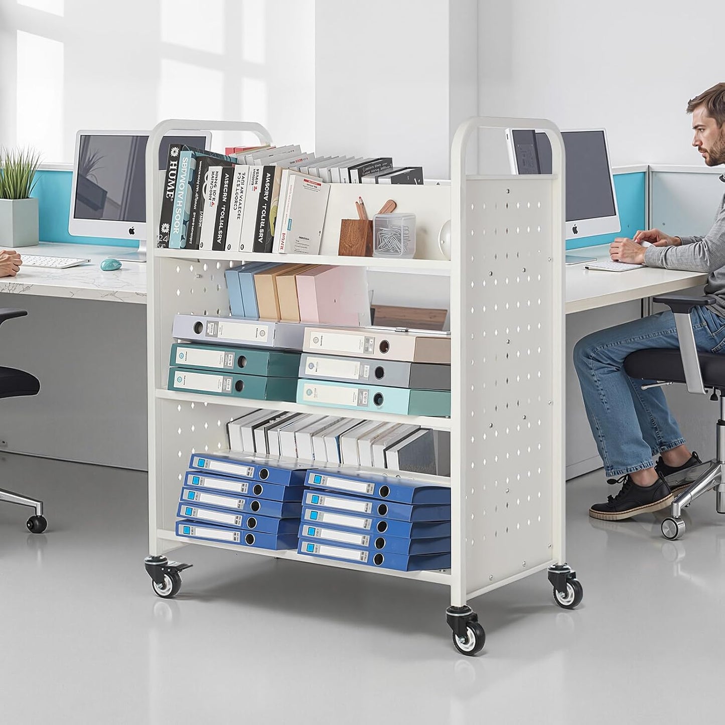 VEVOR Rolling Library Book Cart, 330 lbs Capacity, 38.2 x 20.3 x 48.2-Inch Library Cart, Double Sided W-Shaped Shelves with 3-Inch Lockable Wheels, Book Truck for Home Shelves Office and School, White