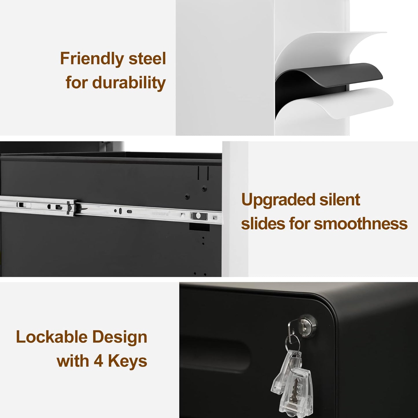 3 Drawer File Cabinet with Lock and 4 Keys, Mobile Metal Filing Cabinet, File Cabinets for Home Office, Under Desk, Pre-Assembly, File Drawer, Letter/Legal/A4 Hanging File Folders