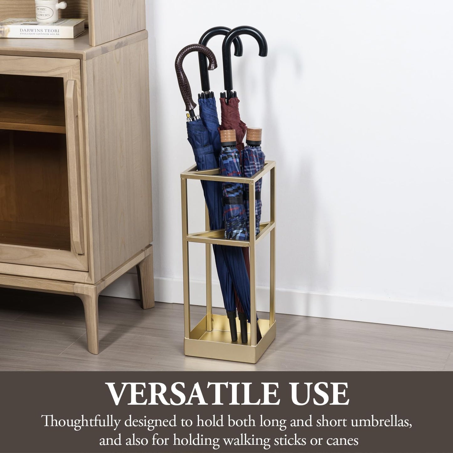 MyGift 20 Inch Tall Modern Brass Tone Metal Geometric Freestanding Entryway Umbrella Rack or Cane Holder with Shelf for Small Umbrellas and Bottom Drip Tray