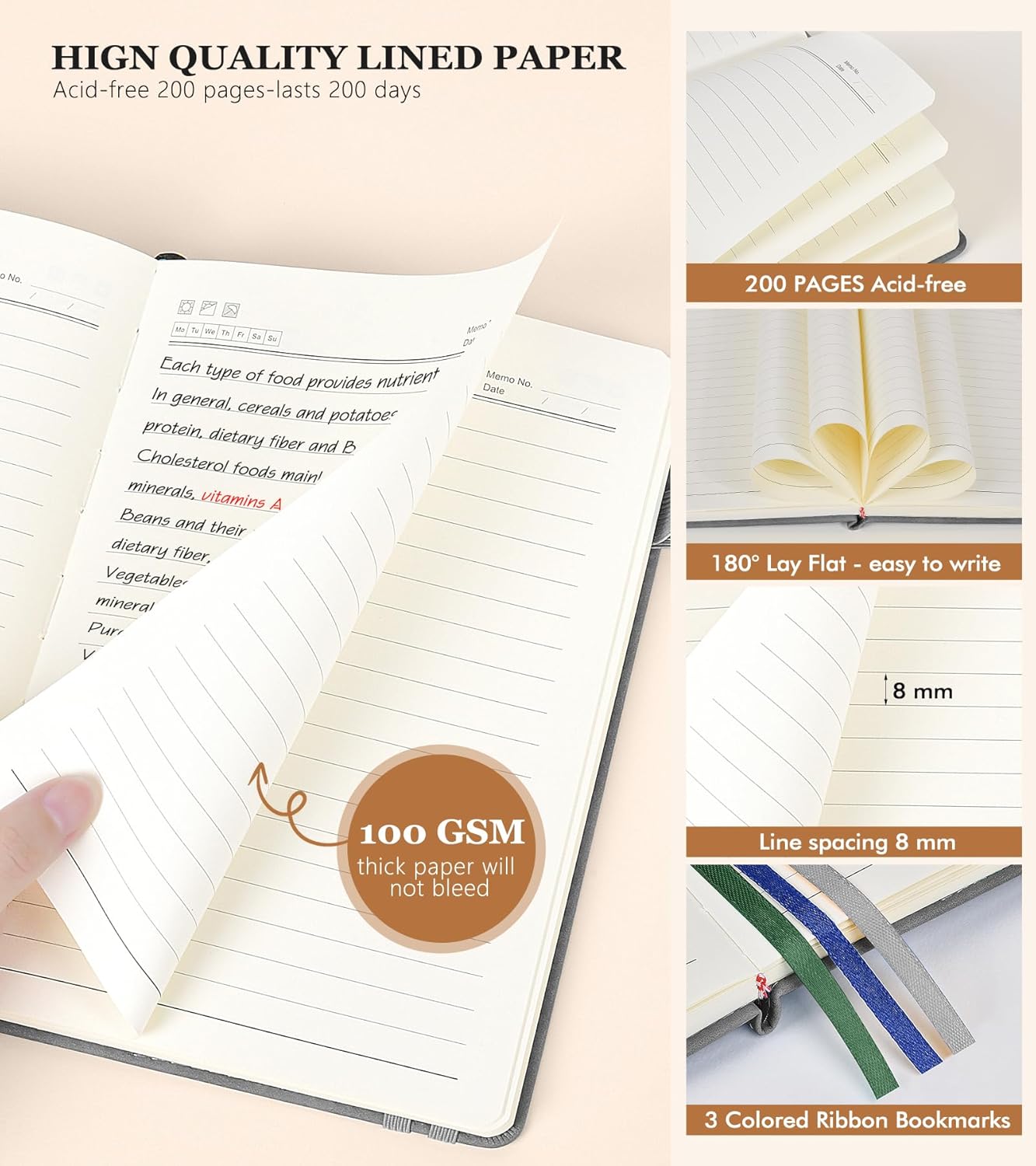 Lined Journal Notebook for Men & Women,200 Pages A5 Hardcover Leather Notebook (5.9"x8.5"), Travel Journal for Work, School, Business Writing, Note Taking, Notepad Diary (Grey)