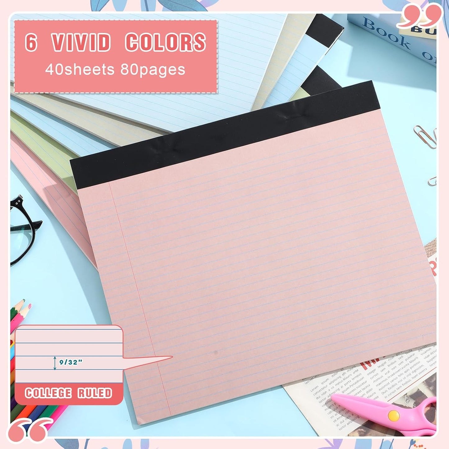 Lincia 6 Pcs 11" x 9.5" Legal Pads College Ruled Notepad Landscape Notebook Horizontal Lined Notebook 80 Gsm Assorted Colors Paper Pastel Writing Pads for School Office, 40 Sheet (Pastel Colors)