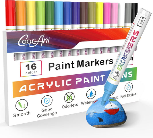 16 Colors Permanent Markers, Acrylic Paint Pens for Rock Painting, Canvas, Wood, Glass, Mugs, Fabric, Ceramic,Lettering,Card Making DIY Crafts (2.5MM Medium Tip)