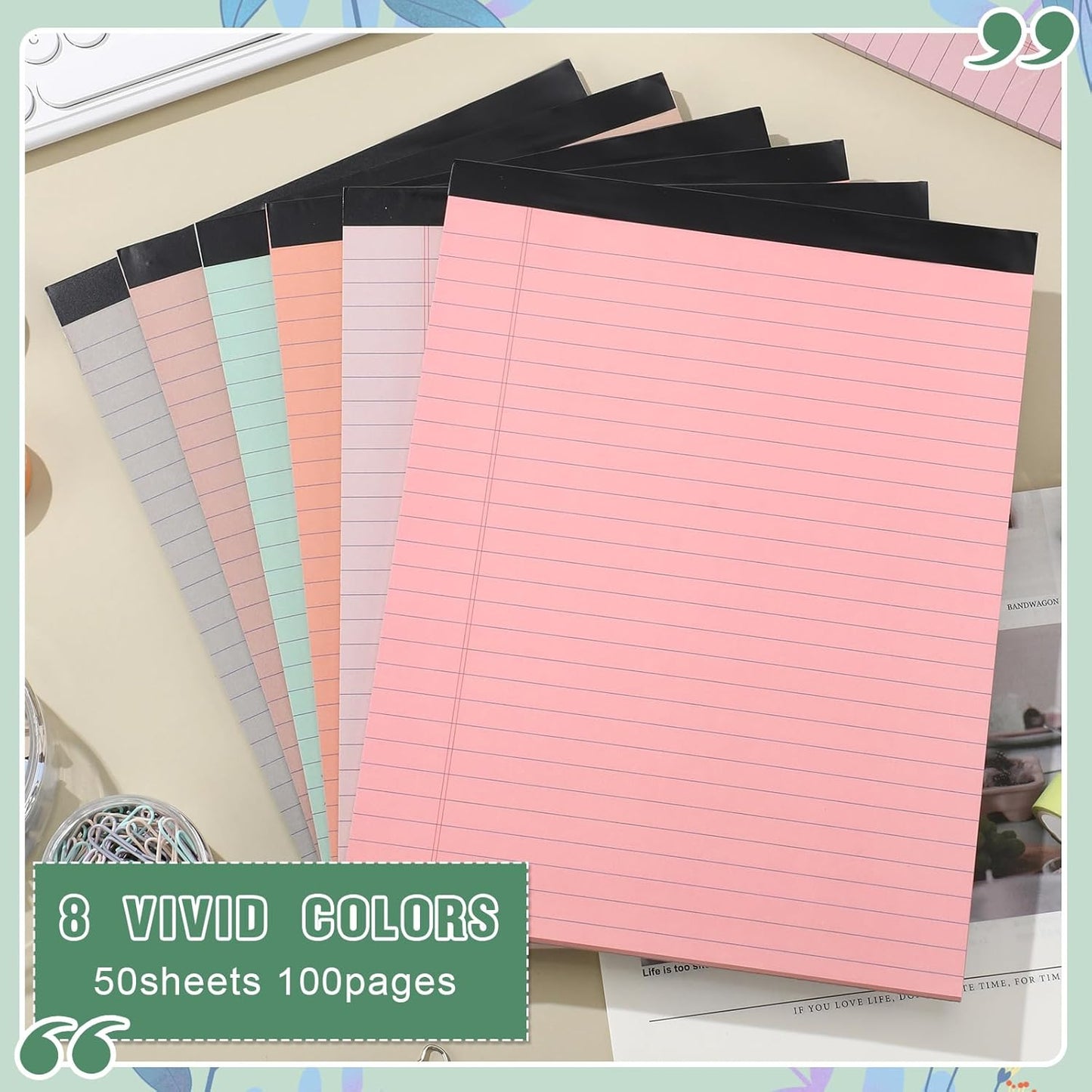 Fuutreo 8 Pcs 8.5'' x 11'' Colored Legal Pad Writing Pads Wide Ruled 50 Sheets Per Notepad Perforated Writing Notepad Office Supplies for School College Office Business (Bohemian Color)