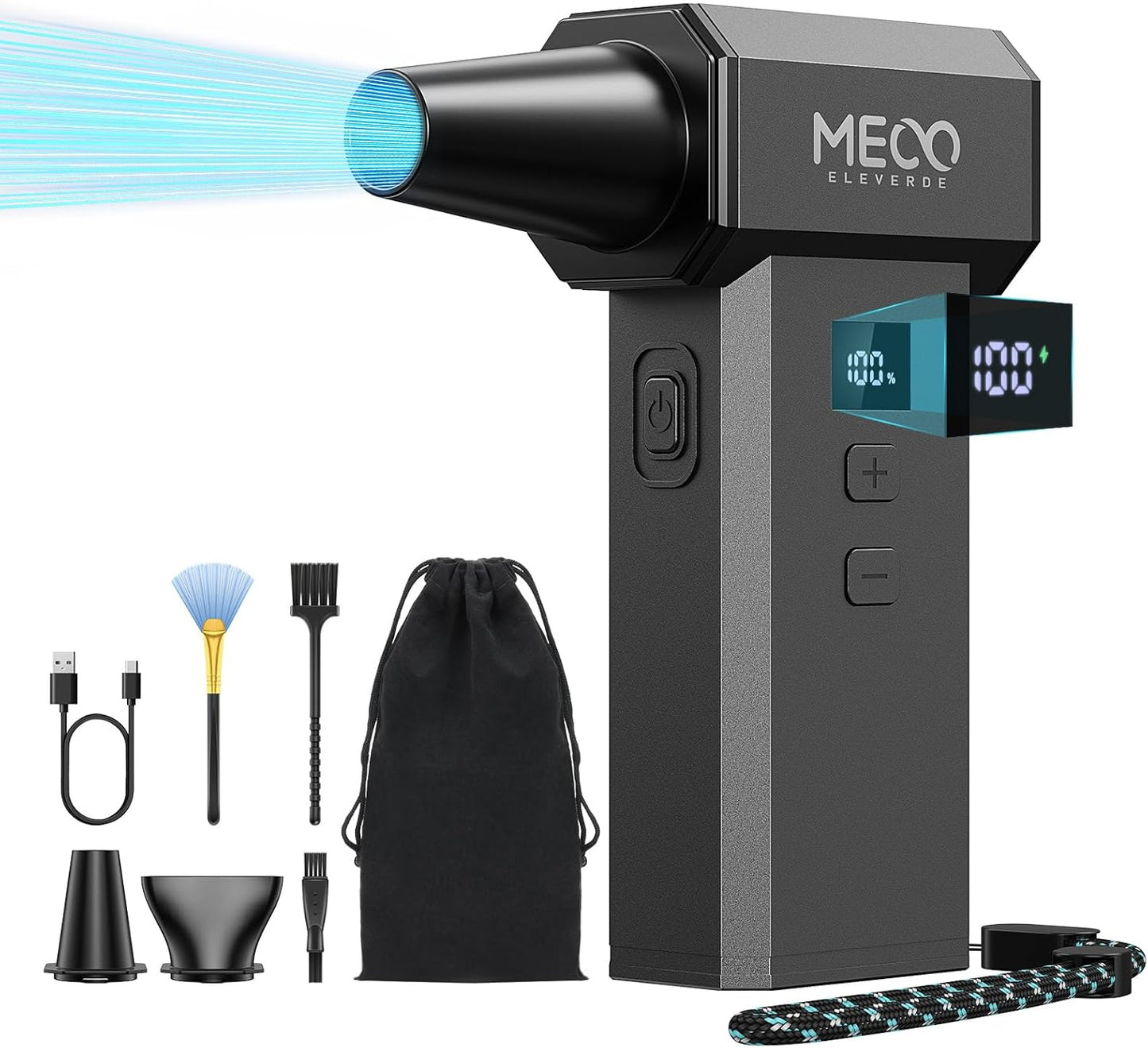 MECO ELEVERDE Electric Air Duster 220,000 RPM-One Touch Turbo Fan, Stepless Speed Adjustable(±1% Precision Control) LED Dual Display, 2H Max Runtime, Mini Air Blower for Car,PC, Electronics, Keyboards