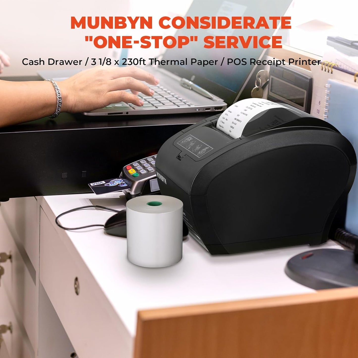 MUNBYN WiFi POS Receipt Printer, 80mm Thermal Receipt Printer with USB/LAN/RS232 Port,Compatible with Android/Windows/iOS, Retailer and Restaurant Kitchen Use, Wall Mount, Black