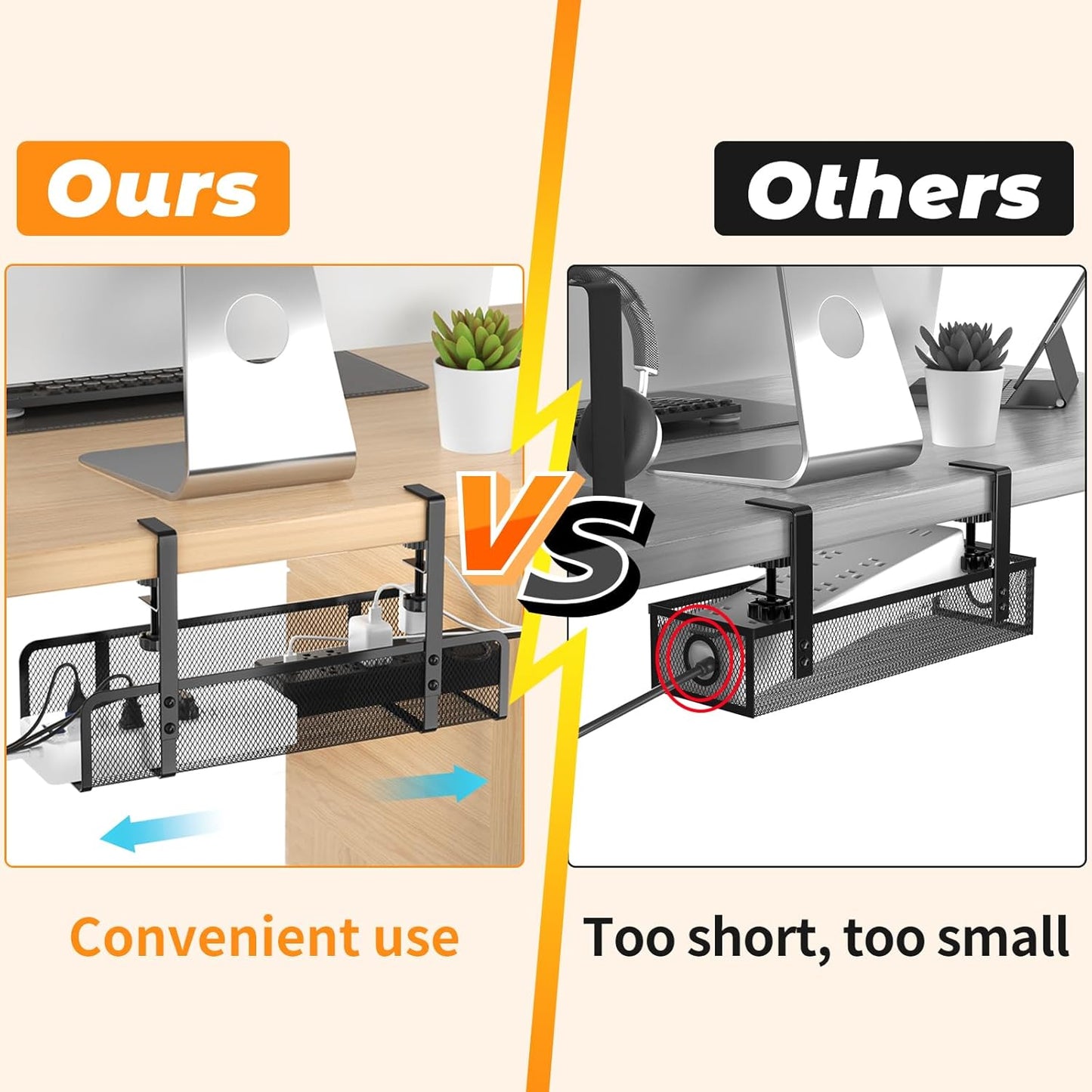 Under Desk Cable Management Tray, Wire Management Desk Cable Organizer Cable Management Box, Cord Organizer Under Desk Storage Cable Raceways for Office, Home - No Damage to Desk No Drill
