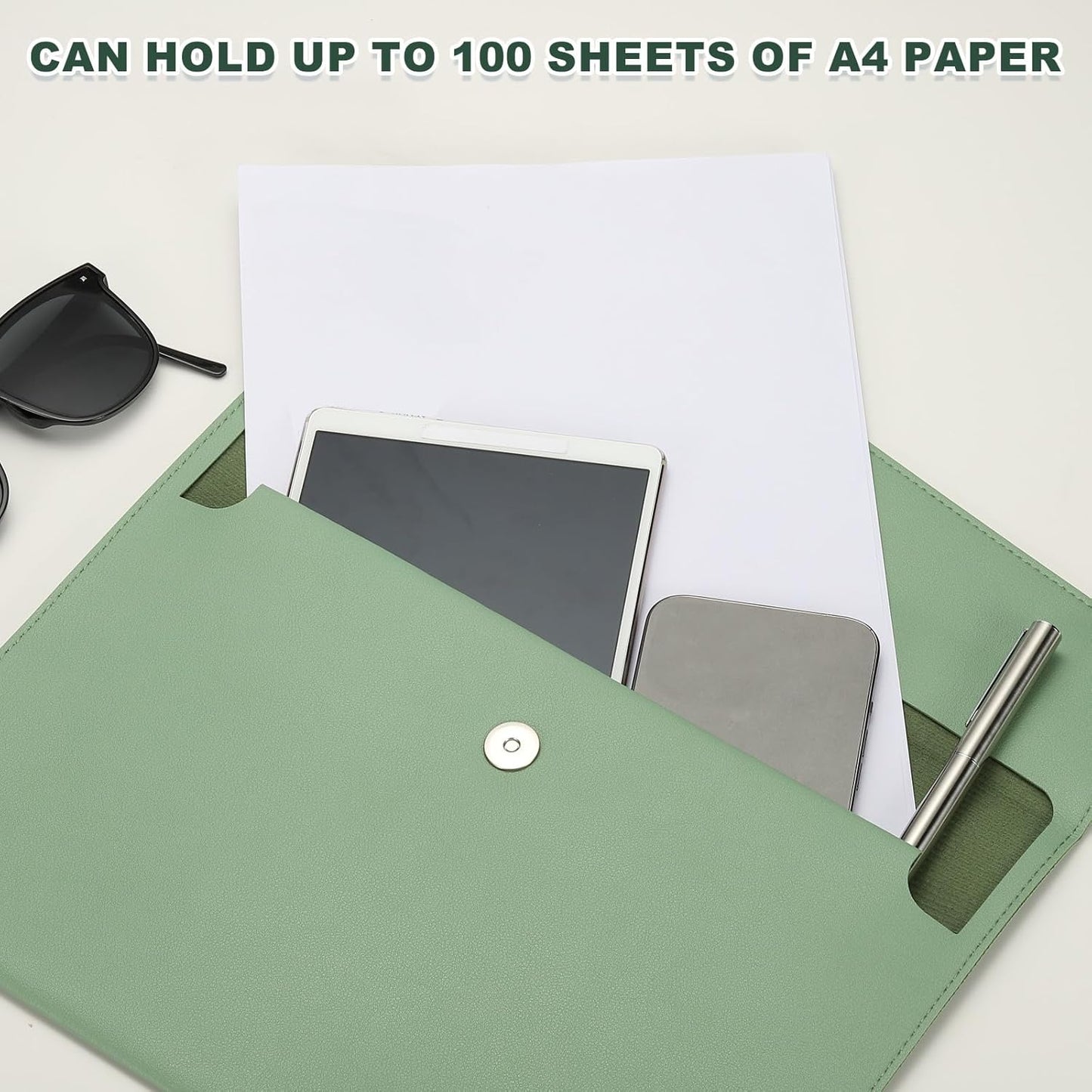 PATIKIL PU Leather A4 File Folder, Document Holder Filing Organizer Portfolio Envelope Folder Case with Snap Closure for Letter Receipt Style 2, Green