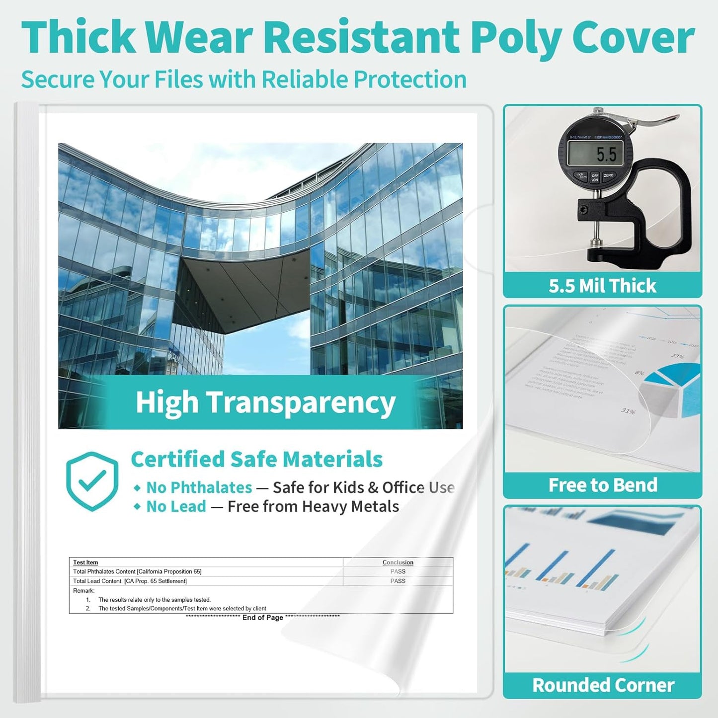 Binditek 40 Pack Clear Report Covers with Sliding Bars, 25 Sheet Capacity, 5mm Sliding Bar File Folder, Letter Size, 5.5 Mil Thick, 5 Assorted Colors, for Students and Coworkers