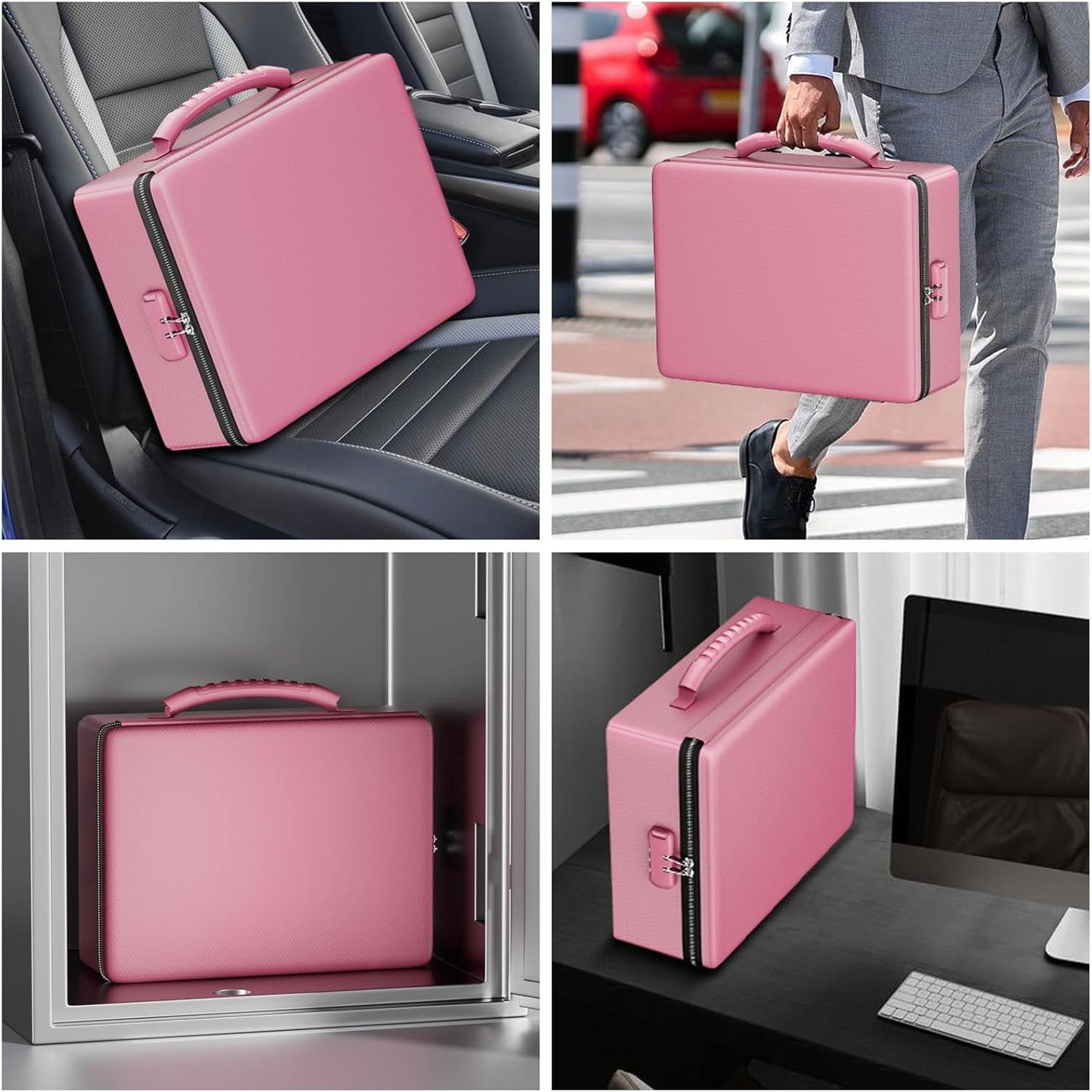 ENGPOW Fireproof Document Box, Hard Case File Box with Fireproof Zipper＆Lock, 6400°F Heat Insulated Fire and Water Resistant File Organizer Storage Safe for Important Documents Laptop Cash, Pink