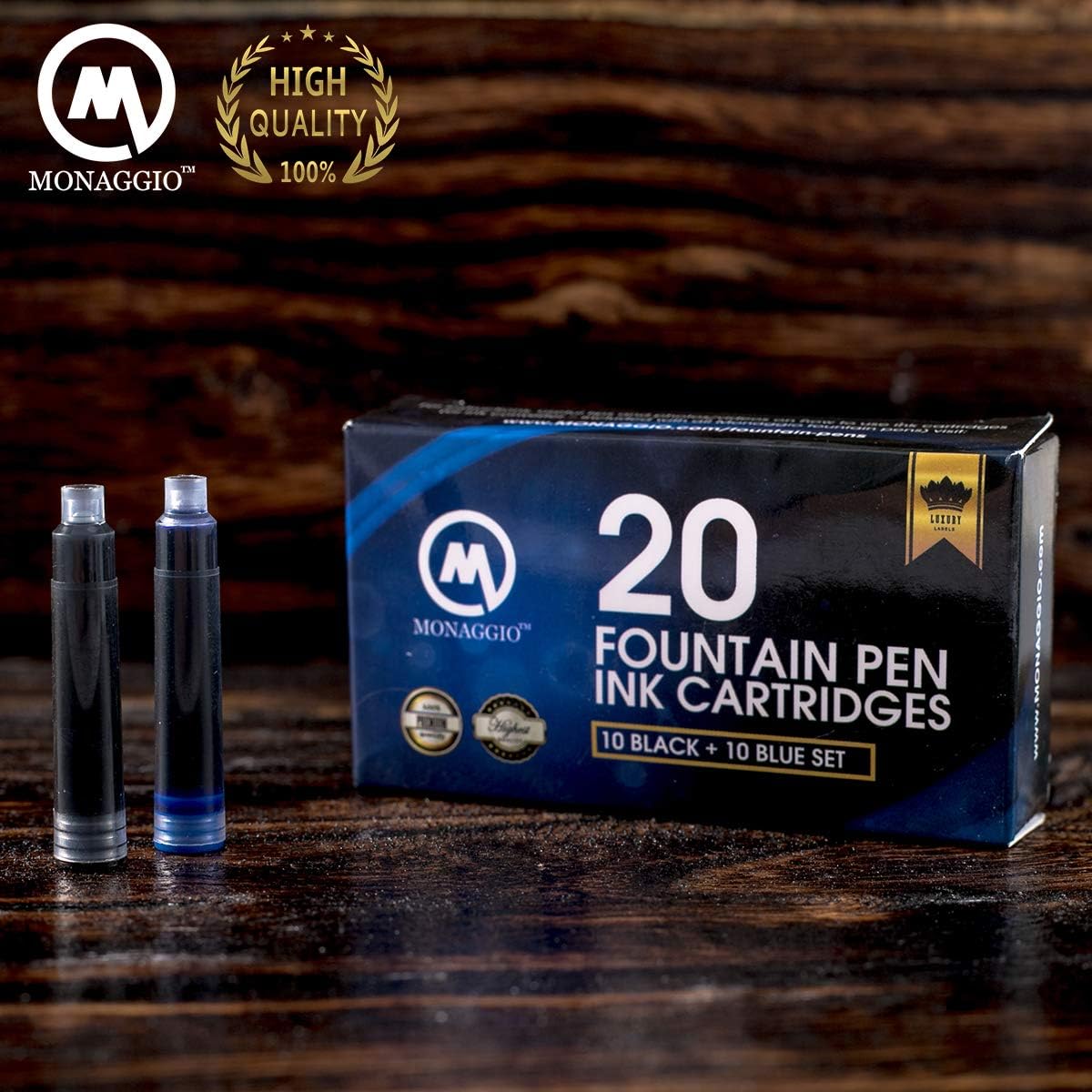 MONAGGIO Black & Blue Ink Cartridges for Fountain Pens. Big Pack of 20 Short International Standard Size Cartridges. Perfect for Calligraphy Pen. Universal Fine Design with Incredible Color