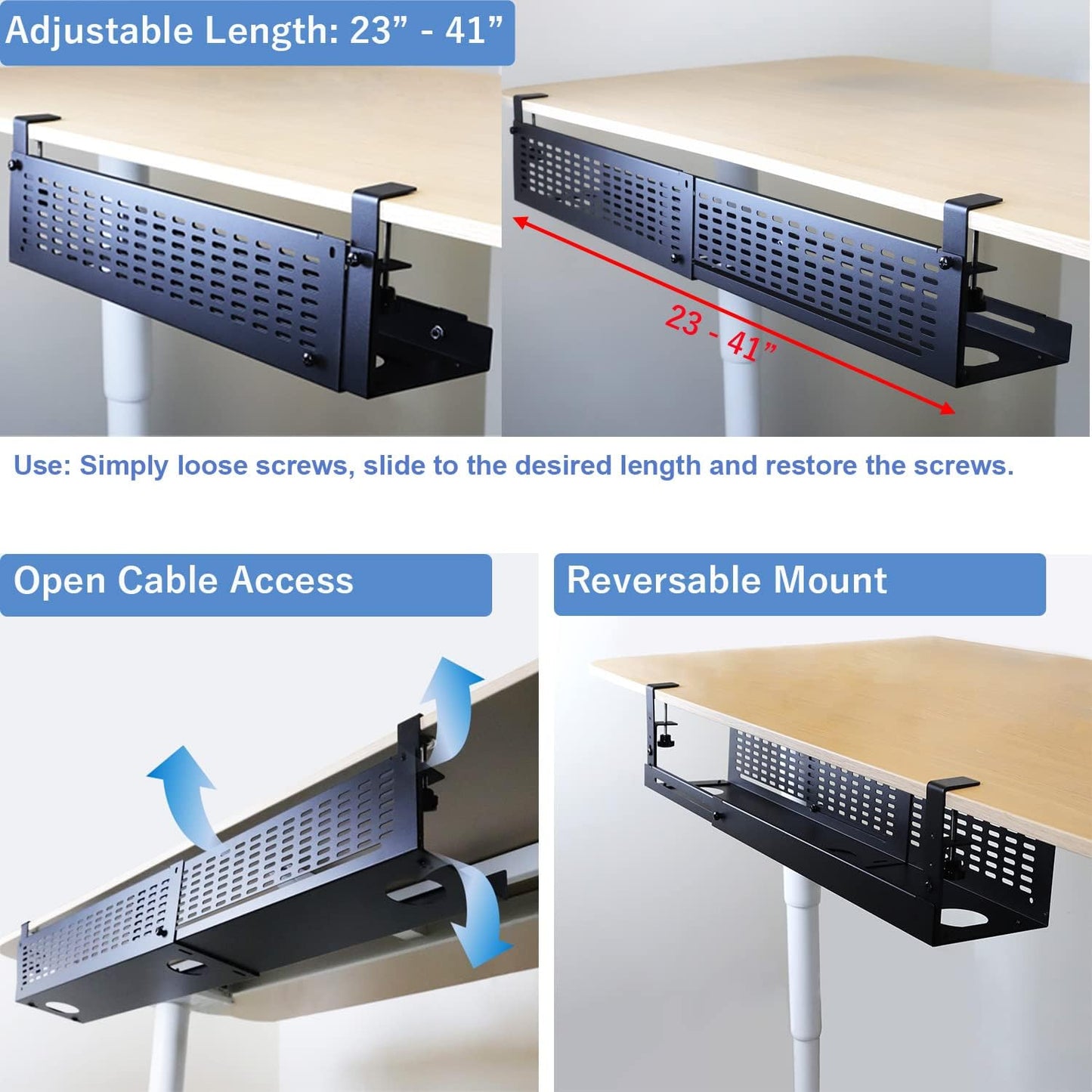 AEONS Under Desk Cable Management Tray Kit - Horizontal Adjustable up to 41” Removable C Clamp Mount Reversible Computer Cord Raceway and Modesty Panel for Large Desk, Black
