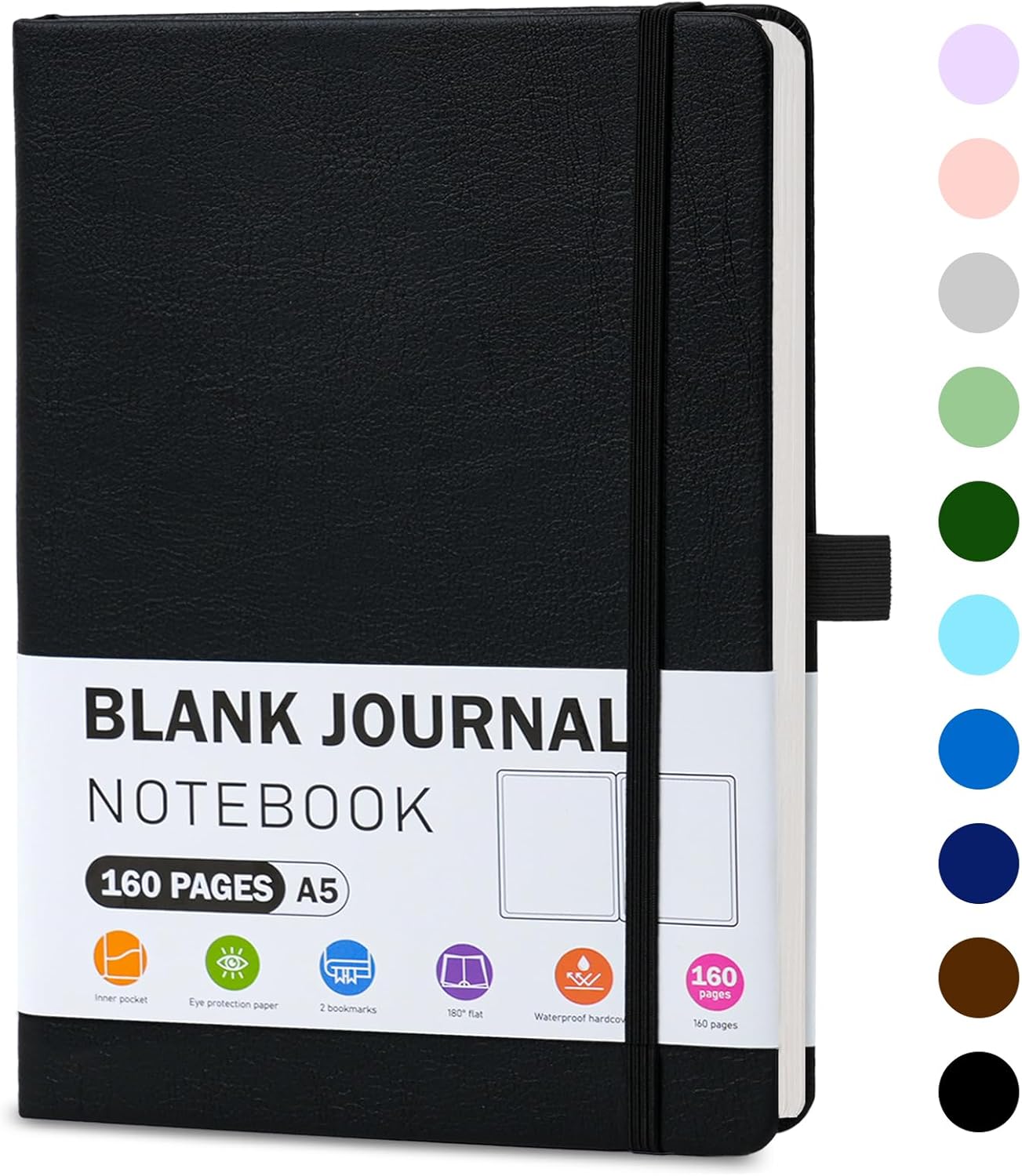 EOOUT Blank Journal Notebook for Women Men, 5.7'' X 8.3'' 160 Pages 100gsm Paper Black Leather Hardcover Notebooks, A5 College Blank Paper with Pen Loop Notebook for Student, Office, School
