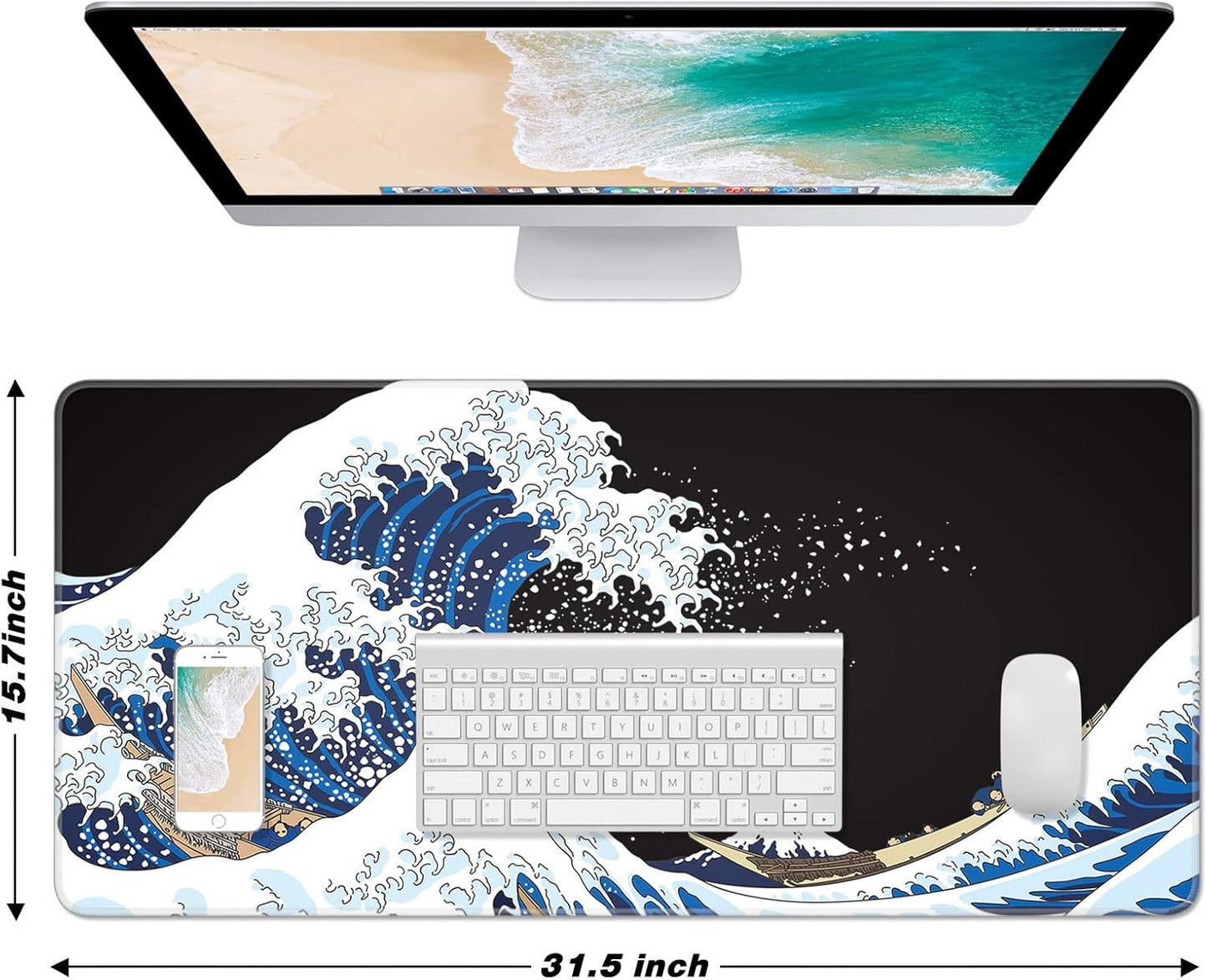 Extended Large Mouse Pad, XXL Gaming Mousepad 31.5 x 15.7 Inch, Big Computer Keyboard Desk Pad, Waterproof Mouse Mat with Stitched Edges and Non-Slip Base for Office Gaming, Sea Waves