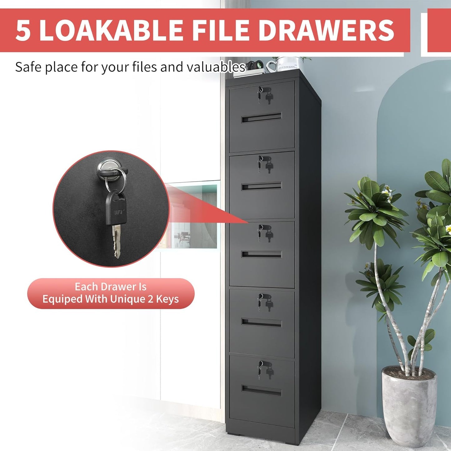 5 Drawer Metal File Cabinet with 5 Unique Locks Heavy Duty Locking File Cabinets Home Office Steel Filing Cabinet Vertical File Cabinets for Legal/Letter Size File,Assembly Required