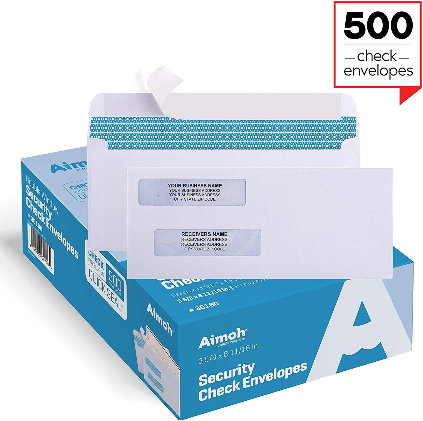 Aimoh #8 Double Window Self Seal Security Envelopes - for Business Checks, QuickBooks & Quicken Checks, Size 3 5/8 x 8 11/16 Inches - Checks Fit Perfectly - Not for Invoices - (30180-CS)