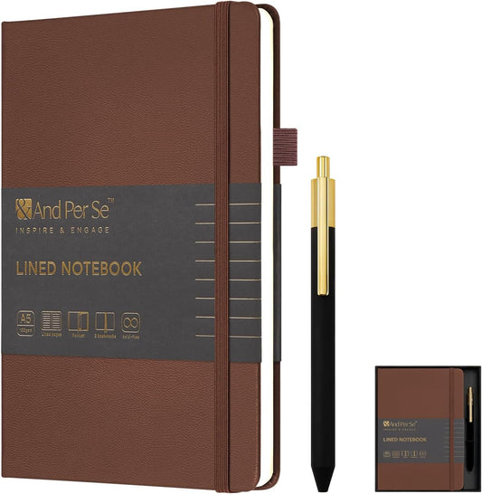 A5 Lined Leather Journal and Pen Set for Women&Men, Gift Box Included, Hardcover Notebook with 160 Pages 100GSM Thick Paper, for Work, Business, School or Home Writing(Brown)
