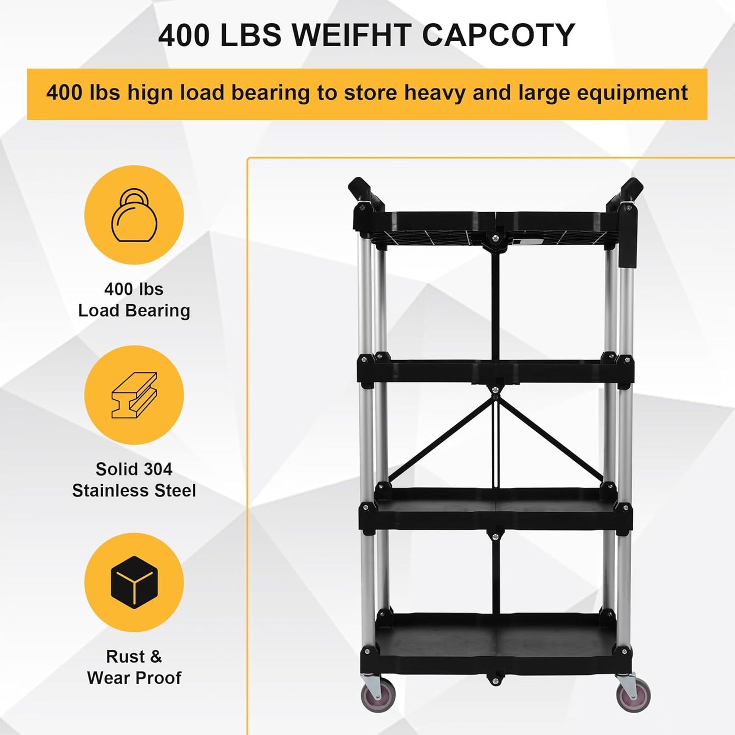 Folding Utility Cart, Portable Collapsible Service, 4 Shelf Heavy Duty Collapsible Tool with Wheels, Suitable for Office Warehouse Home, Black