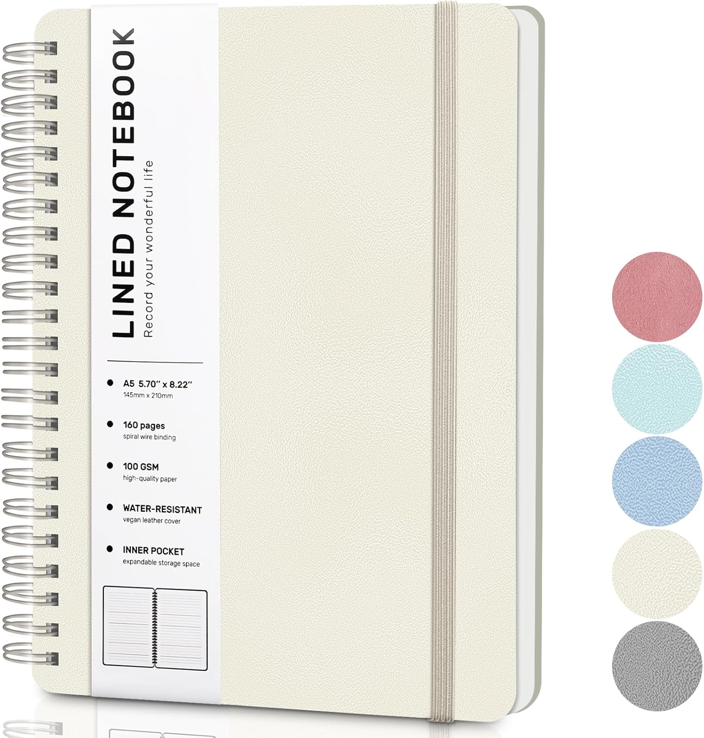 Lined Spiral Journal Notebook, A5 Hardcover Leather Notebook for Work, 5.7''×8.2'', 100GSM Thick Paper Spiral Bound Journaling Notebook for Women Men Office School Note Taking Business, Morandi Cream