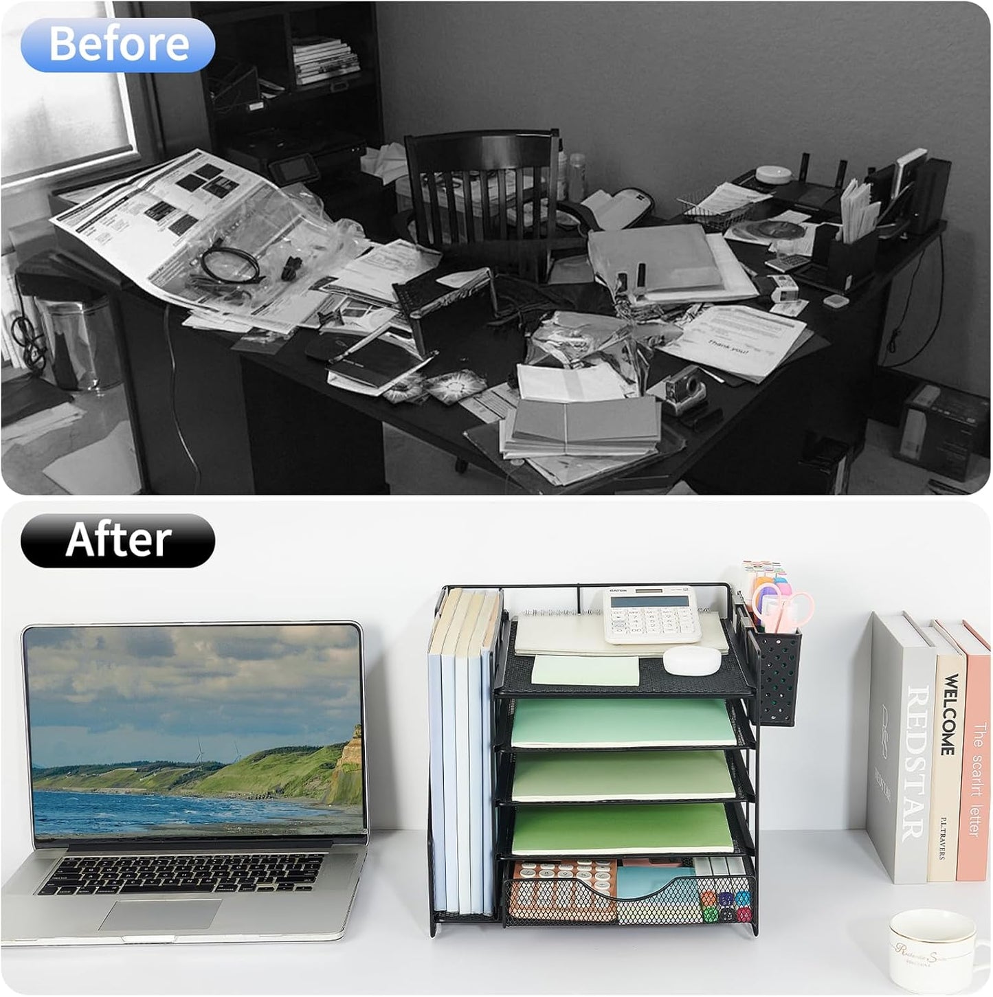 Desk Organizer with Drawer and Pen Holder, 5-Tier Paper Letter Tray Organizer with File Holder, Suitable for Workspace Organizer Office Supplies Storage (Black)