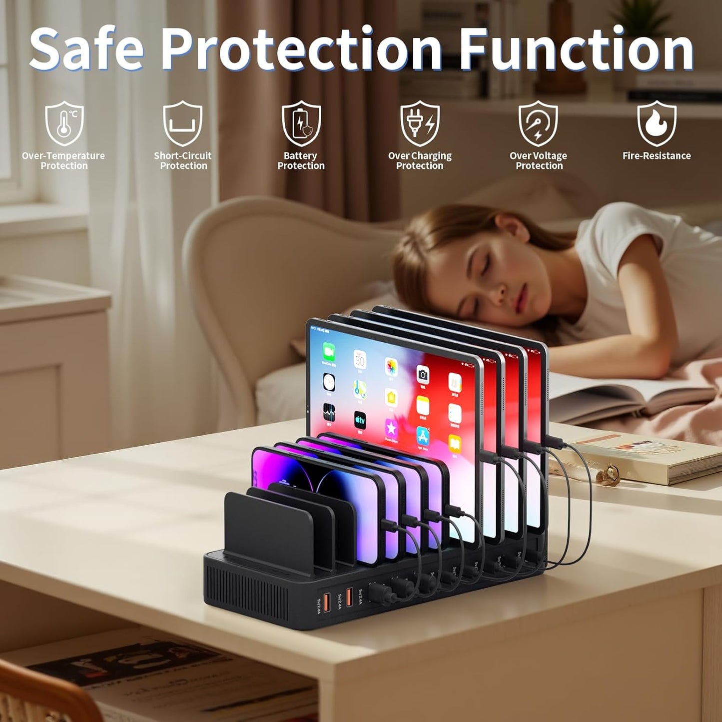 60W Charging Station for Multiple Devices, 10-Port USB Fast Charging Station with Adjustable Dividers - Device Organizer Charging Dock for iPhone, Android, iPad, Tablets & More