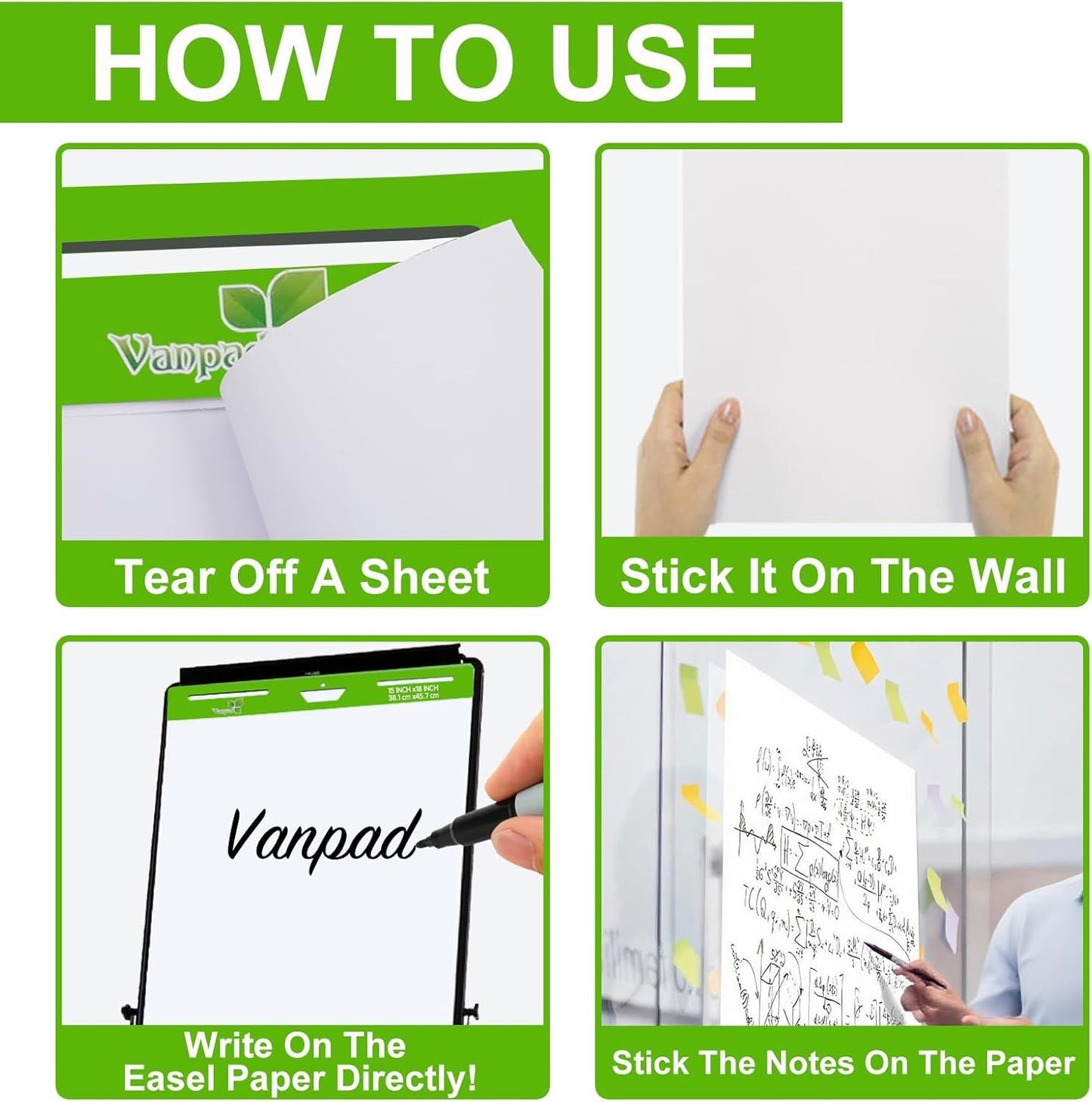 Sticky Easel Pad 15 in x 18 in, 35 Sheets/Pad, 4 Pads/Pack, 140 Sheets， Large White Sticky Easel Paper for Office and Classrooms, Flip Chart Paper for Teachers，Super Sticking Power & Bleed-Resistant