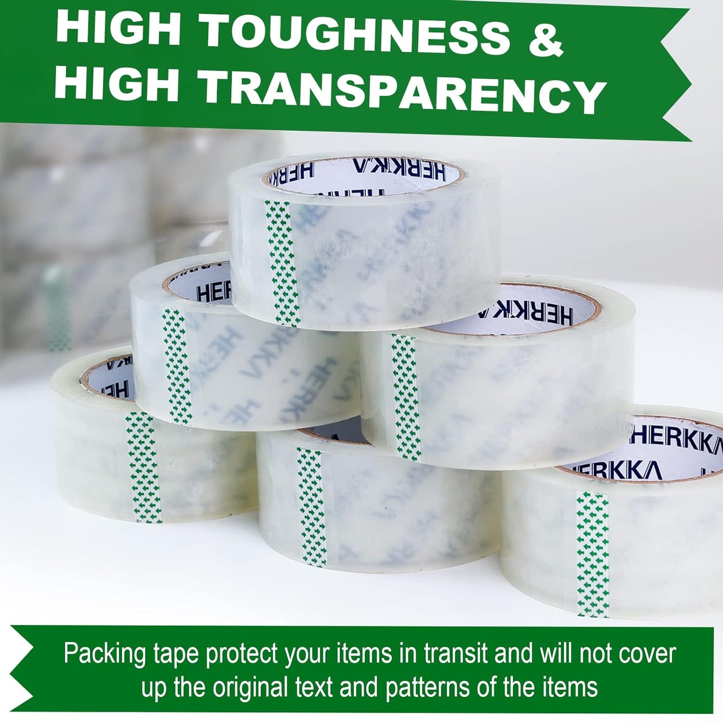 HERKKA Clear Packing Tape, 24 Rolls Heavy Duty Packaging Tape for Shipping Packaging Moving Sealing, Thicker Clear Packing Tape, 2 inches Wide, 65 Yards Per Roll, 1560 Total Yards