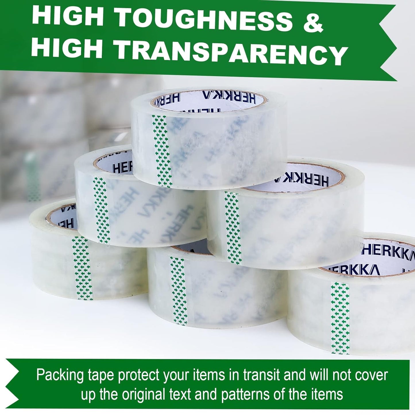 HERKKA Clear Packing Tape, 36 Rolls Heavy Duty Packaging Tape for Shipping Packaging Moving Sealing, Thicker Clear Packing Tape, 2 inches Wide, 65 Yards Per Roll, 2340 Total Yards