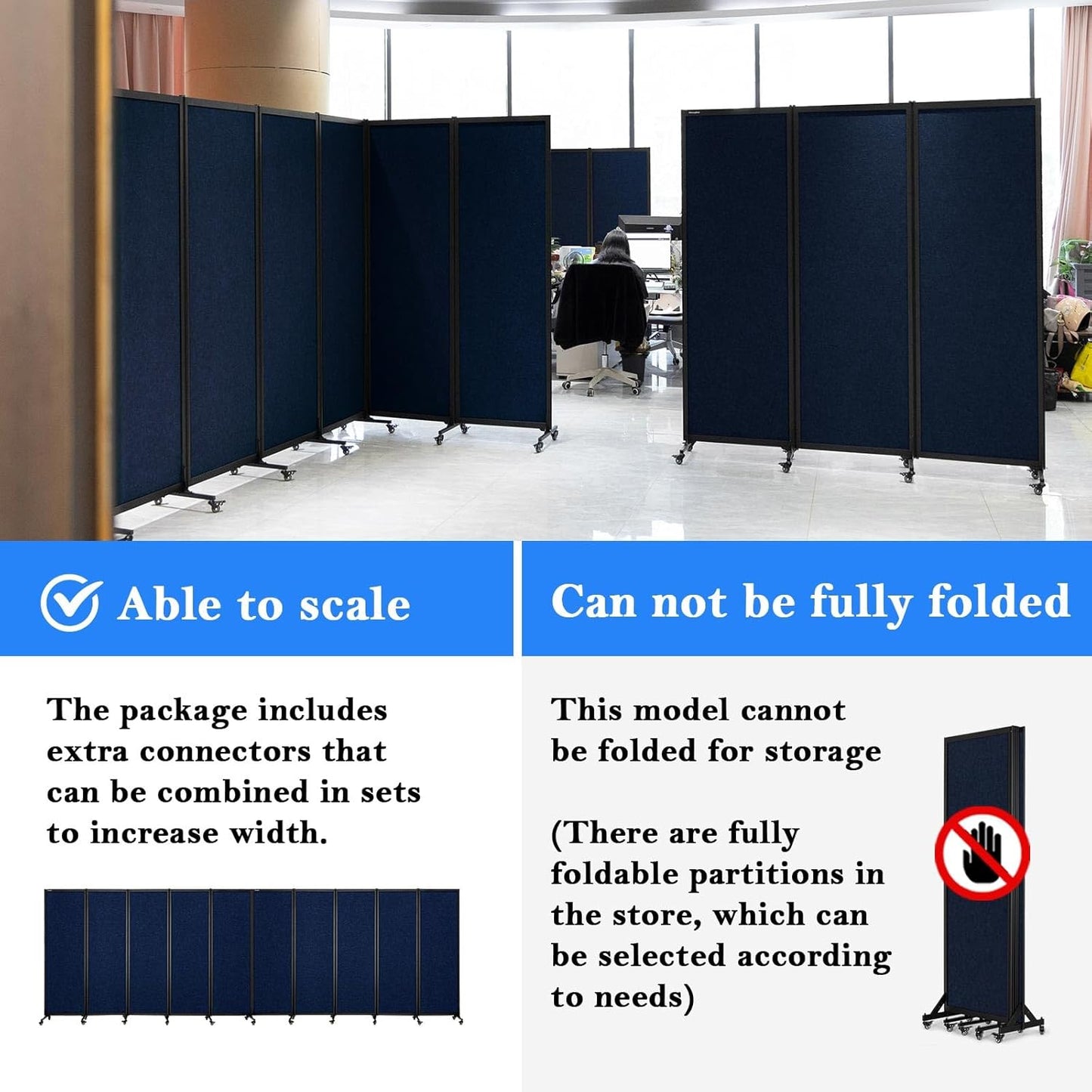 Upgrade Version Room Partition and Divider, Freestanding Rolling Dividers with Wheels,Office Privacy Screen Divider Wall,Classroom Felt Dividers,12'2"L* 6'7"H,6 Panel，Blue