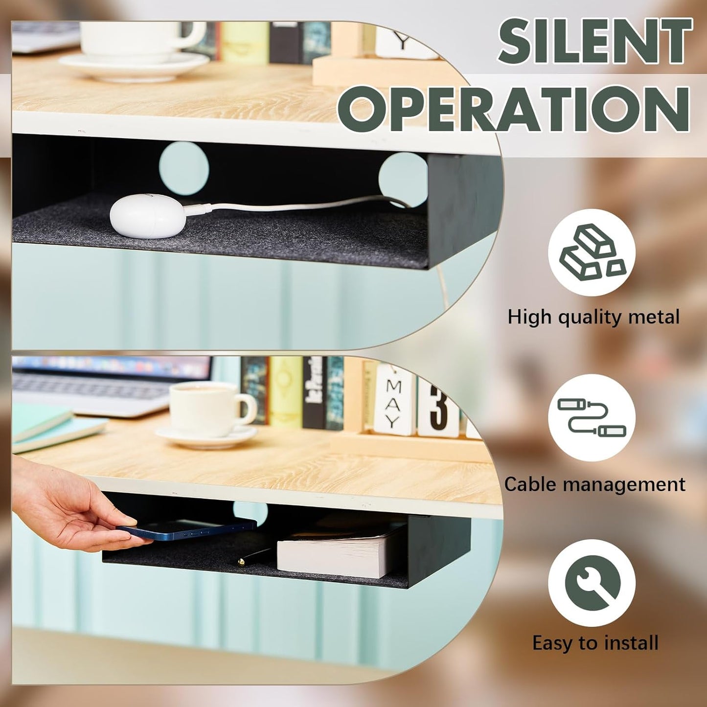 2 Pack Under Desk Storage Shelf, Carbon Steel Under Desk Tray with Mute Felt Sheets, Mount Shelf Organizer for Office Home Workstation Gaming Desk Stand up Desk, 13x8x2.8 in