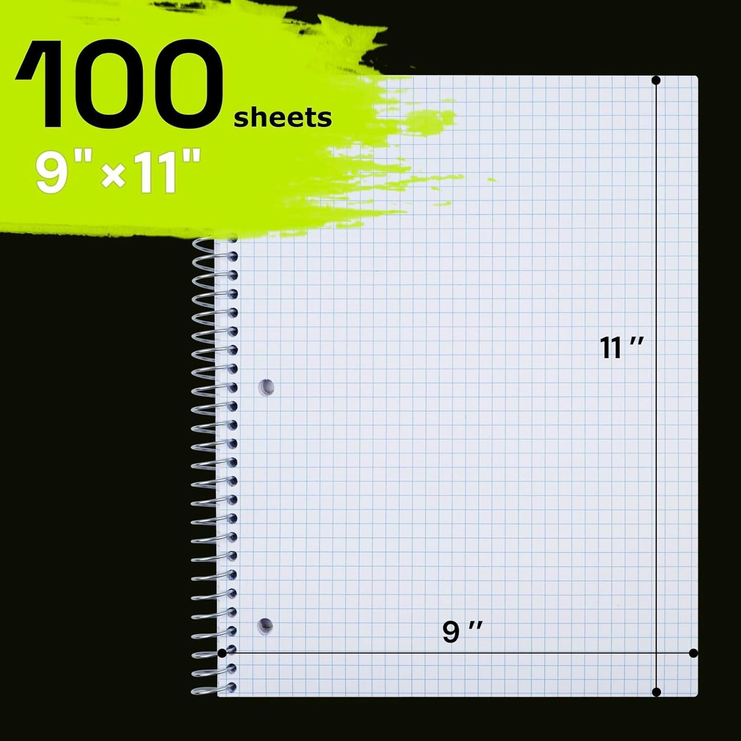 Spiral Notebook for School 3 Pack, 1 Subject, 4x4 Graph Ruled Paper, 100 Sheets, 9" x 11", 1 Divider with Pocket, 3 Hole Punched, Plastic Cover, 1/4" Grid Graphing Note Book Bulk,Midnight Green