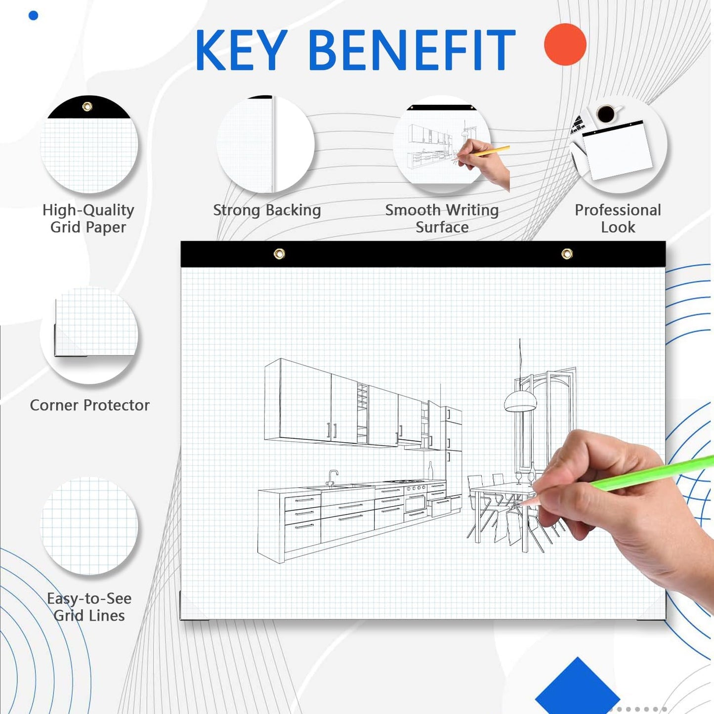 Large Engineering Graph Paper Pad - 50 Sheets/100 Pages, 22" x 17" Quadrille Grid Paper for Drafting, Engineering, Blueprint Drawing, Architect Designers, 4"x4" Blue Grid Paper, Giant Drafting Pad