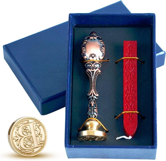 Wax Seal Stamp kit, Envelope Seals DIY Kit - Retro Sealing Wax Candle + Classic Initial Alphabet Seal Stamp Letter B - in Blue Gift Box