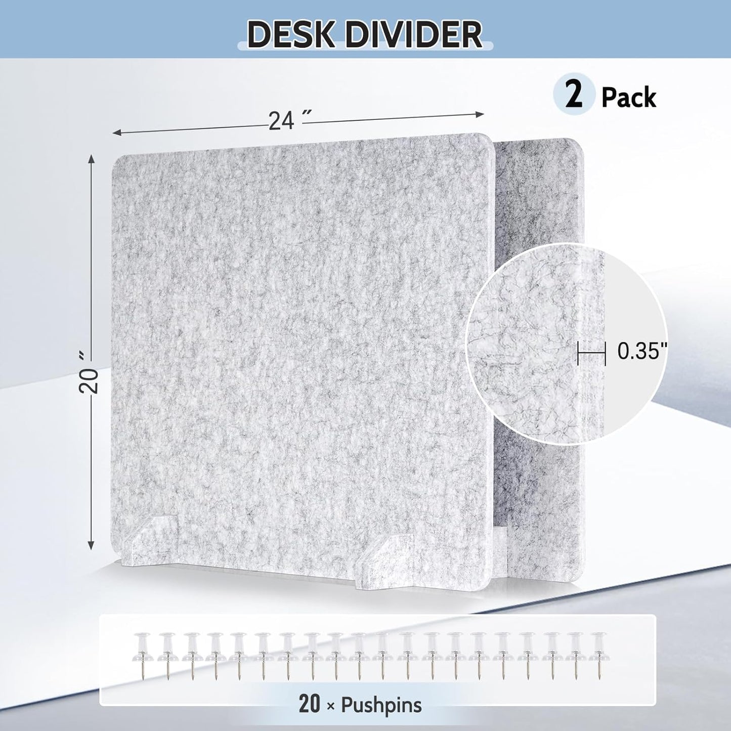 2 Pack Acoustic Desk Dividers - 24" x 20" Freestanding Privacy Panels Set with Noise - Reducing Design Cubicle Sound Proof, Ideal for Office, Classroom, and Home (Silver Gray)