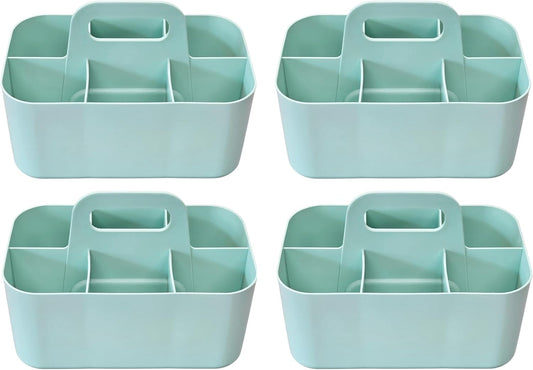 Small Stackable Plastic Caddy with Handle 6 Compartment | Desk, Makeup, Dorm Caddy, Classroom Art Organizers - 4 Pack, Made In USA (Mint)