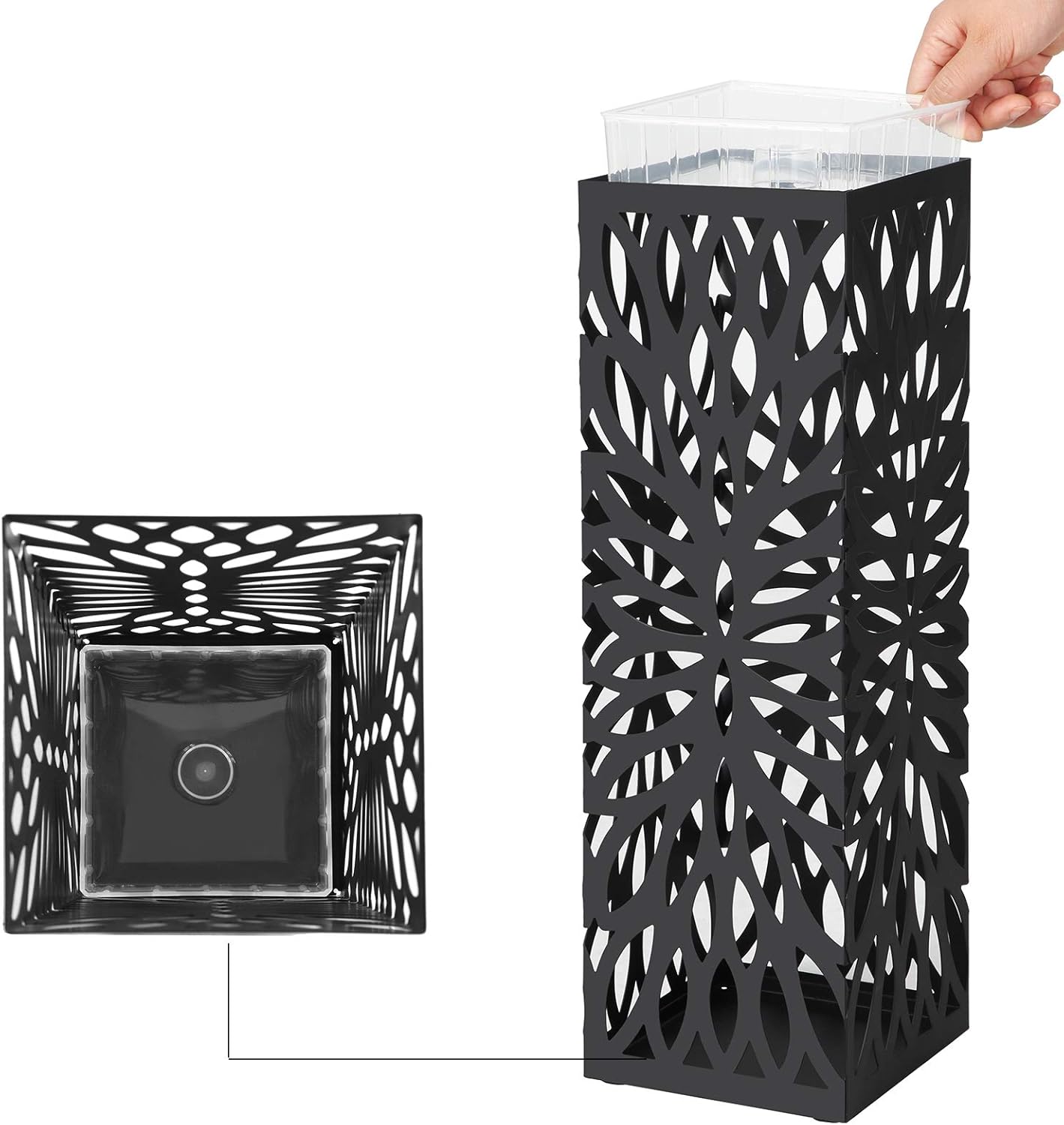 SONGMICS Umbrella Stand, Umbrella Holder for Entryway, Steel Square Umbrella Rack Organizer Freestanding, for Canes Walking Sticks, with a Detachable Drip Tray, 4 Hooks, Black ULUC48B