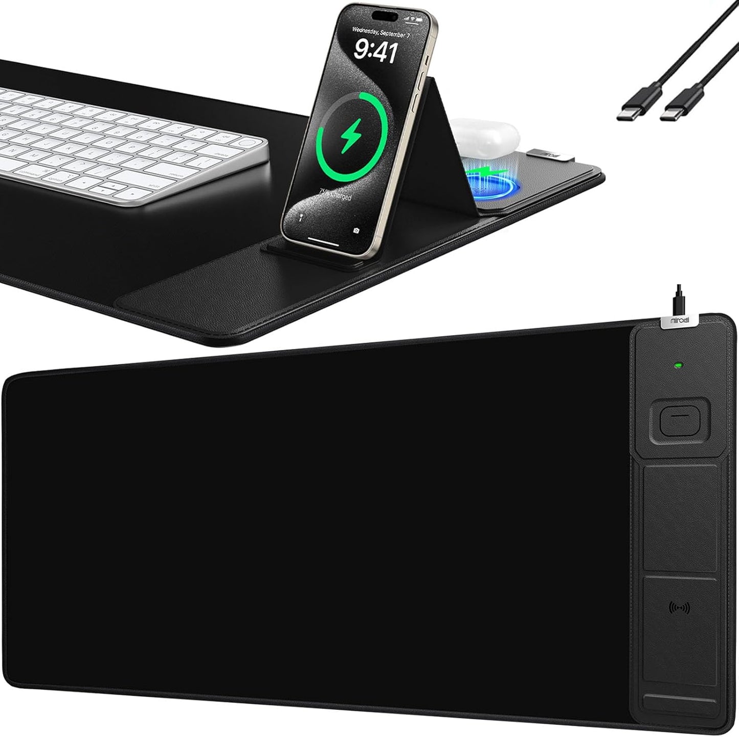 Mouse Pad, Office Desk Mat, Large Gaming Mousepad with Superior Micro-Weave Cloth, XXL Desk Pad with Stitched Edges, Non-Slip Writing Pad for Gamer, Laptop, Work & Home (Black (Charging On The Right))